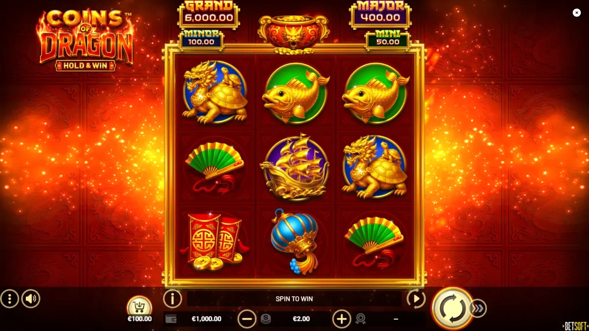 Interface do jogo Coins of Dragon – Hold & Win com elementos temáticos orientais