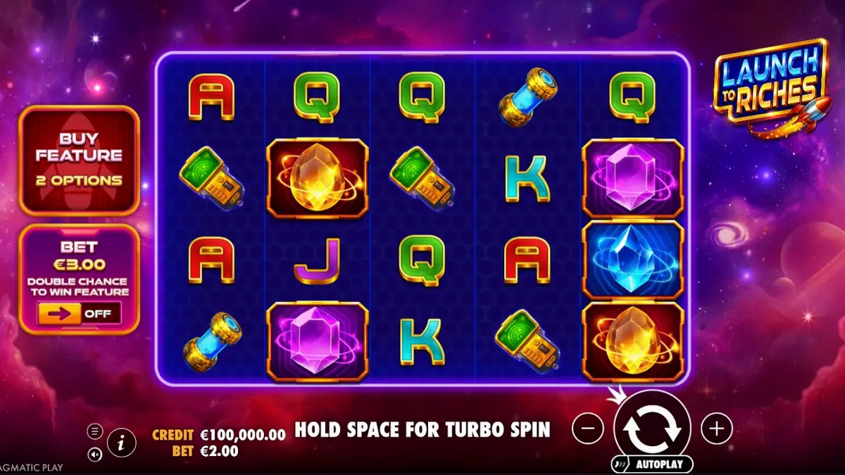 Interface futurista do jogo de slot Launch to Riches com símbolos espaciais